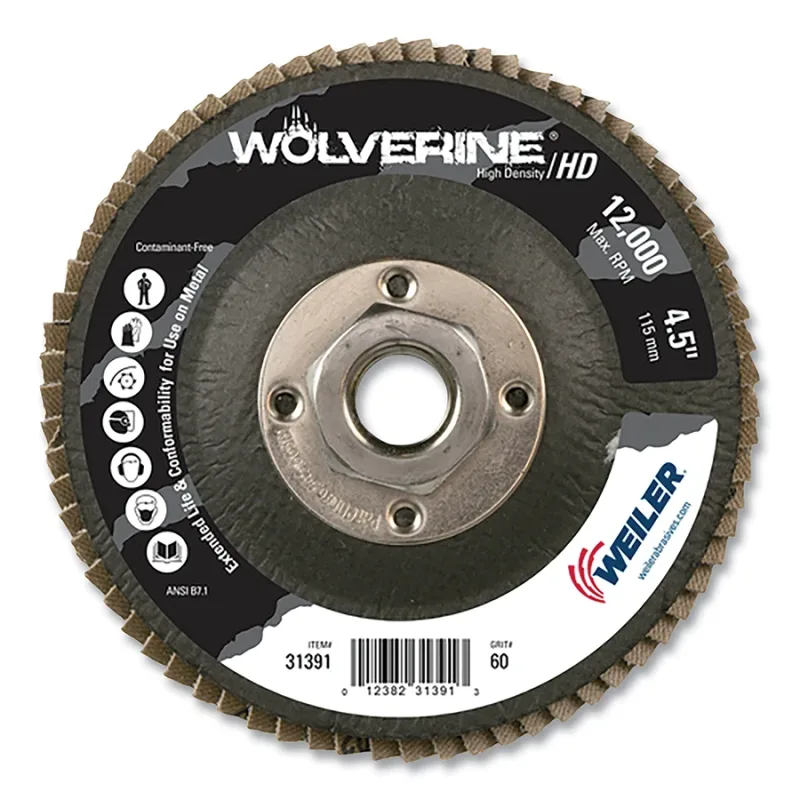 Wolverine® Abrasive Flap Disc, High Density, 4-1/2 in dia x 5/8 in-11 UNC Arbor, 60 Grit, Flat