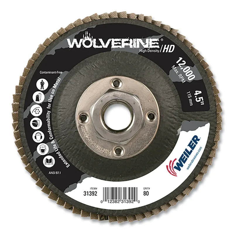 Wolverine® Abrasive Flap Disc, High Density, 4-1/2 in dia x 5/8 in-11 UNC Arbor, 80 Grit, Flat