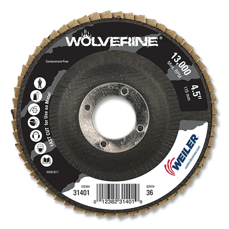 Wolverine® Abrasive Flap Disc, 4-1/2 in dia x 7/8 in Arbor, 36 Grit