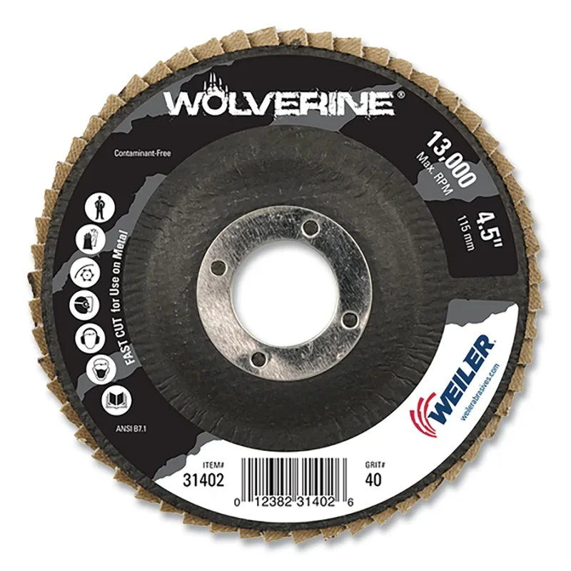 Wolverine® Abrasive Flap Disc, 4-1/2 in dia x 7/8 in Arbor, Phenolic Backing, 40 Grit, Flat