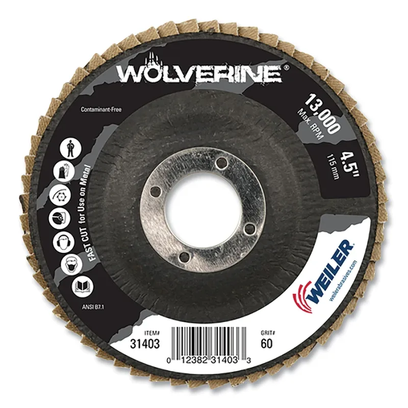 Wolverine® Abrasive Flap Disc, 4-1/2 in dia x 7/8 in Arbor, Phenolic Backing, 60 Grit, Flat