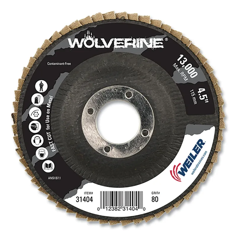 Wolverine® Abrasive Flap Disc, 4-1/2 in dia x 7/8 in Arbor, Phenolic Backing, 80 Grit, Flat