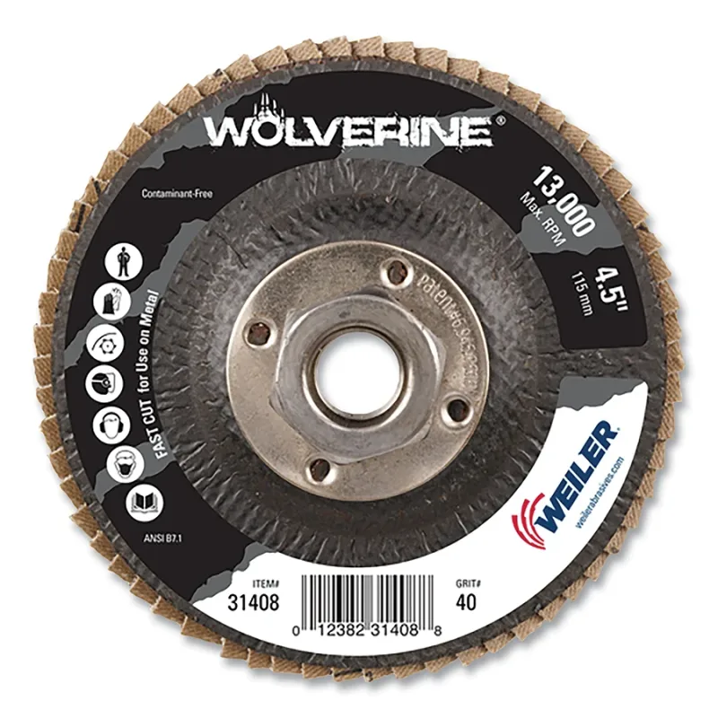Wolverine® Abrasive Flap Disc, 4-1/2 dia, Flat, Phenolic Backing, 40 Grit