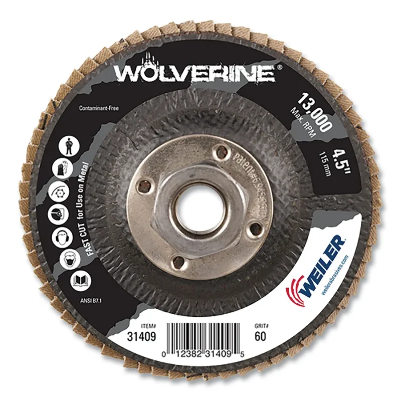 Wolverine® Abrasive Flap Disc, Zirconium, 4-1/2 in dia, 60 Grit, 5/8 in-11 Arbor Thread, 13000 RPM
