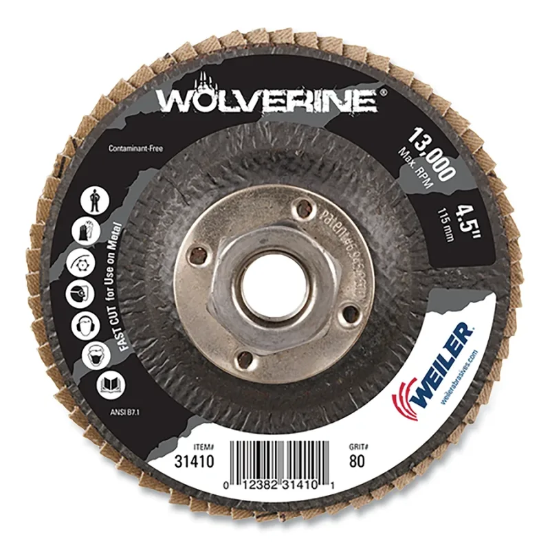 Wolverine® Abrasive Flap Disc, 4-1/2 in dia x 5 in-11 in A, Flat, Phenolic Backing, 80 Grit