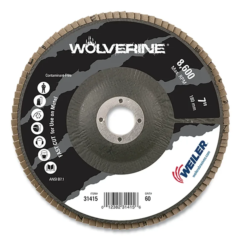 Wolverine® Abrasive Flap Disc, 7 in dia x 7/8 in Arbor, Phenolic Backing, 60 Grit, Flat