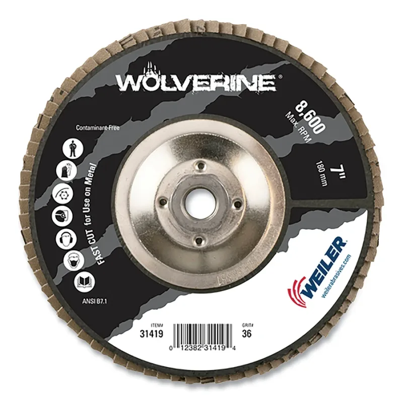Wolverine® Abrasive Flap Disc, 7 in dia, 5/8 in-11 UNC, 36 Grit, Flat, Phenolic Backing