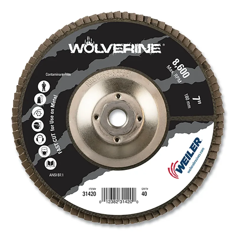 Wolverine® Abrasive Flap Disc, 7 in dia, 5/8 in-11 UNC, 40 Grit, Flat, Phenolic Backing