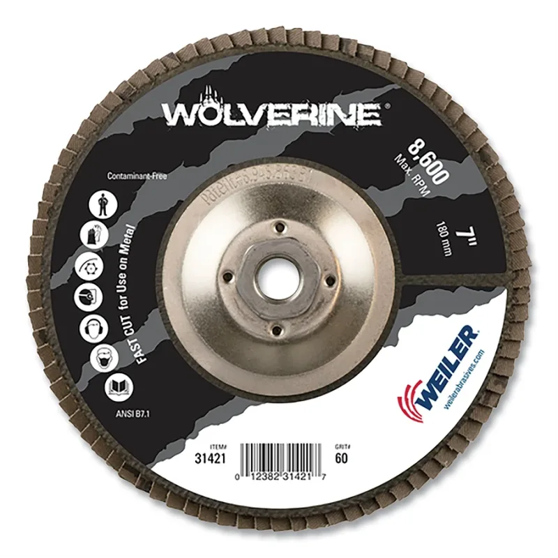 Wolverine® Abrasive Flap Disc, 7 in dia, 5/8 in-11 UNC, 60 Grit, Flat, Phenolic Backing