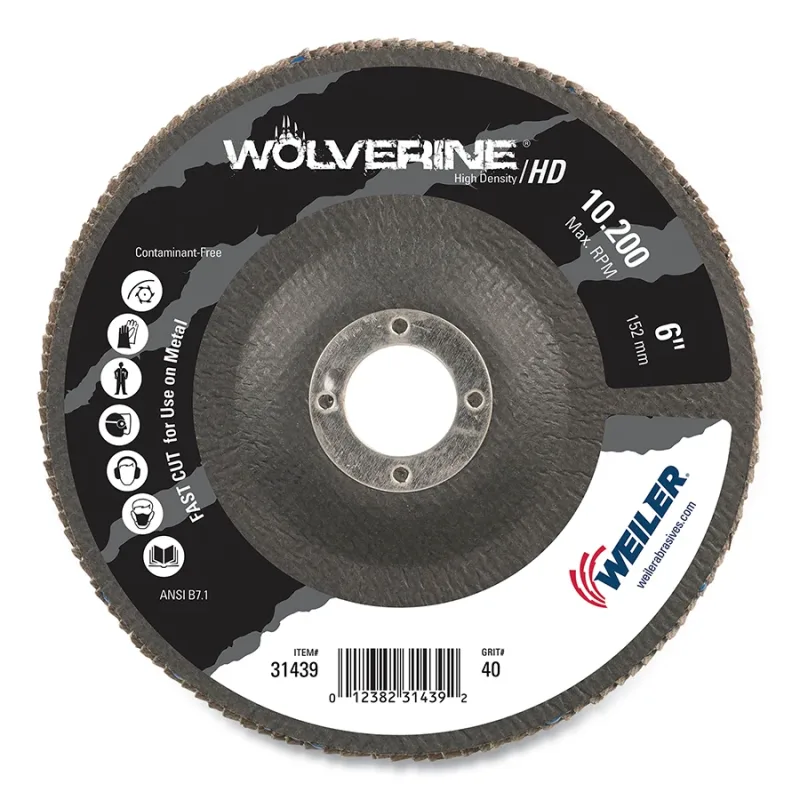 Wolverine™ Abrasive Flap Disc, High Density, 6 in dia x 7/8 in Arbor, 40 Grit, 10200 RPM