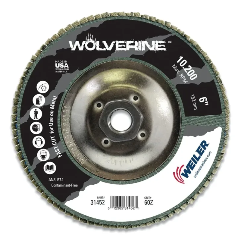 Wolverine™ Abrasive Flap Disc, 6 in dia x 5/8 in-11 Arbor, 60 Grit, 10200 RPM