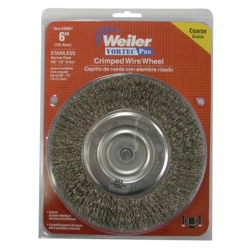 Crimped Wire Wheel, 6" D, .014 Stainless Steel, 6,000 RPM, Retail Pk
