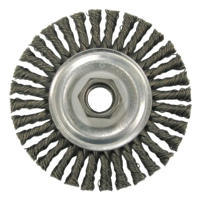 Wolverine® Knot Wire Wheel, Stringer Bead Twist, 4 in dia x 3/16 in W Face, 5/8 in-11 UNC, 0.020 in SS Wire, 20000 RPM