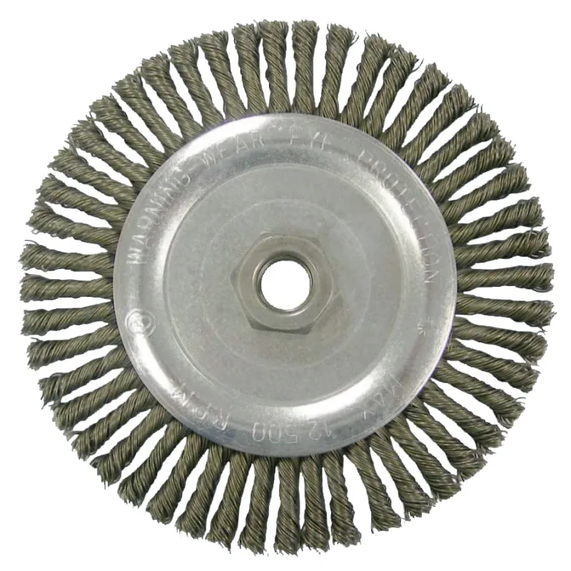 Wolverine® Knot Wire Wheel, Stringer Bead Twist, 6 in dia x 1/4 in W Face, 5/8 in-11 UNC, 0.020 in Steel Wire, 12500 RPM