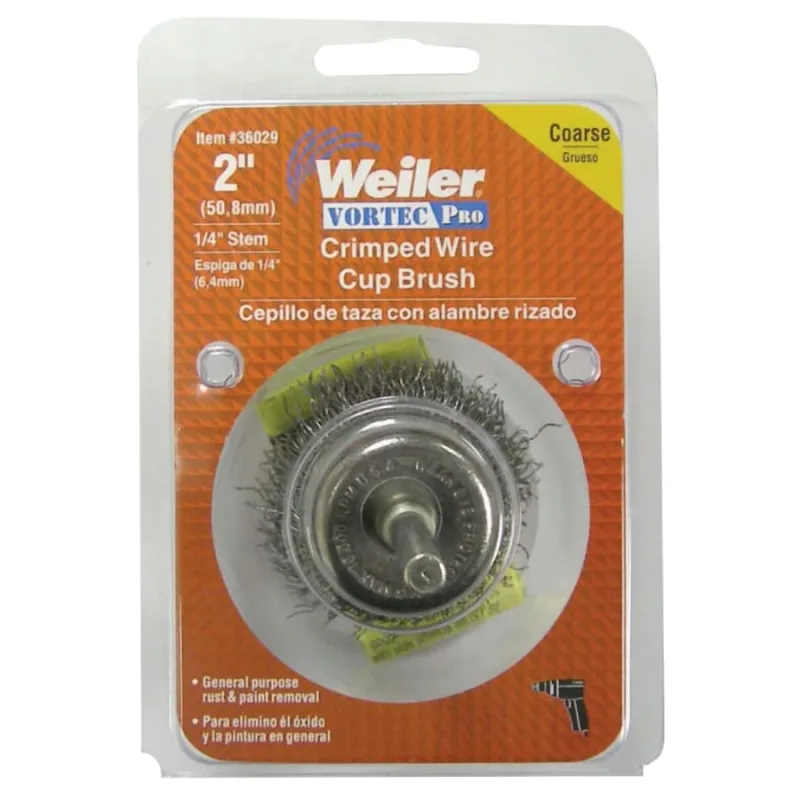 Vortec Pro Stem Mounted Crimped Wire Cup Brush, 3 in Dia., .014 in Carbon Steel