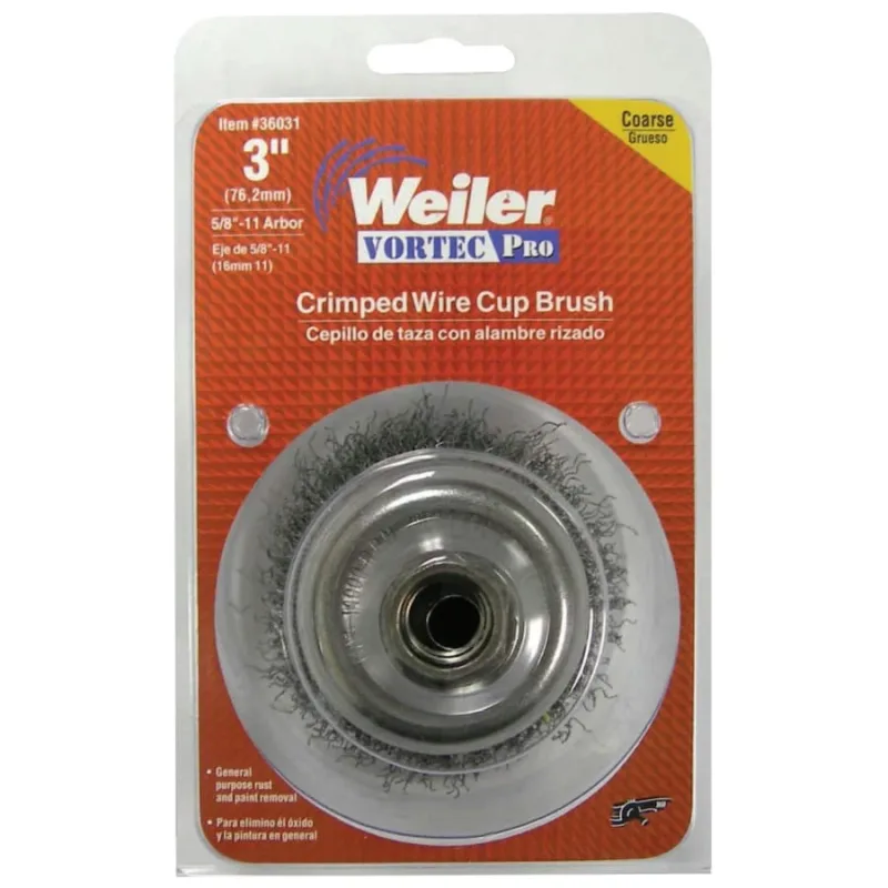 Vortec Pro® Crimped Wire Cup Brush, 3 in Dia, 5/8-11 Arbor, 0.014 in Carbon Steel