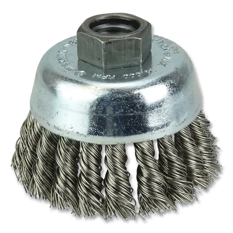 Wolverine® Knot Wire Cup Brush, 3 in dia, 5/8-11 arbor, 0.020 in wire, Stainless Steel