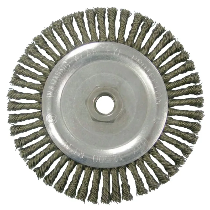 Wolverine® Knot Wire Wheel, Stringer Bead Twist, 5 in dia x 3/16 in W Face, 5/8 in-11 UNC, 0.020 in Steel Wire, 12500 RPM