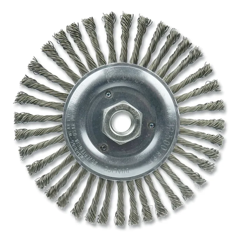 Wolverine® Knot Wire Wheel, Stringer Bead Twist, 6 in dia x 3/16 in W Face, 5/8 in-11 UNC, 0.020 in Steel Wire, 12500 RPM