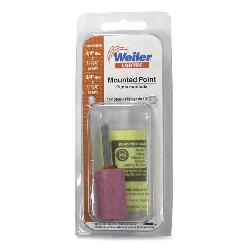 Vortec® Mounted Point, 1-1/4 in dia, 1/4 in arbor, 28000 RPM, Cylinder, Aluminum Oxide