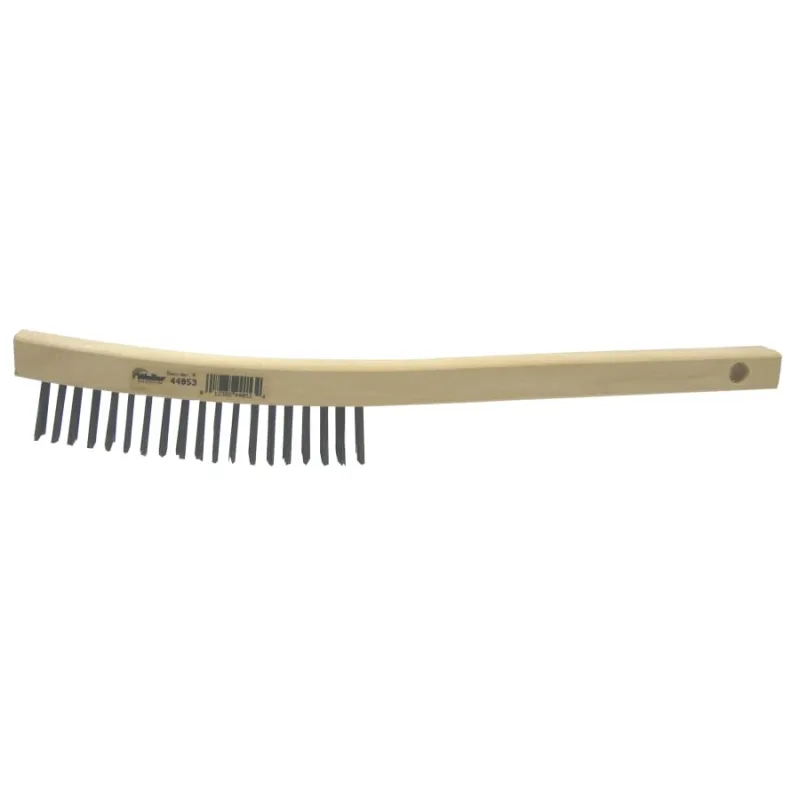Curved Handle Scratch Brush, 14 in L, 3 x 19 Rows, Steel Wire, Wood Handle