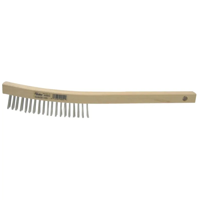 Curved Handle Scratch Brush, 14 in L, 3 x 19 Rows, Stainless Steel Wire, Wood Handle
