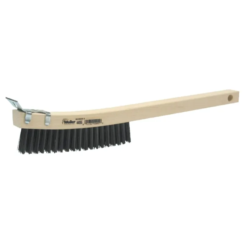 Curved Handle Scratch Brush, 14 in L, 4 x 18 Rows, Steel Wire, Wood Handle, Scraper
