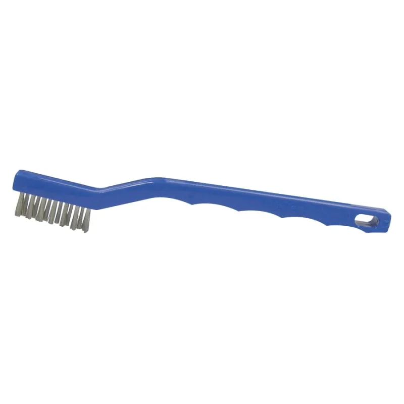 Small Hand Scratch Brush, 7-1/2 in, 3 X 7 Rows, Stainless Steel Wire, Curved Plastic Handle