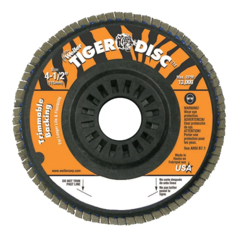 Trimmable Tiger® Flap Discs, 4 1/2 in, 80 Grit, 7/8 in Arbor, 13,000 rpm