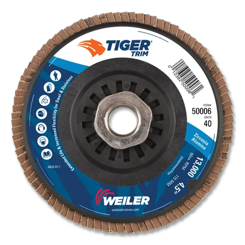 Trimmable Tiger® Flap Disc, 4-1/2 in dia, 40 Grit, 5/8 in-11, 13000 rpm, Type 29