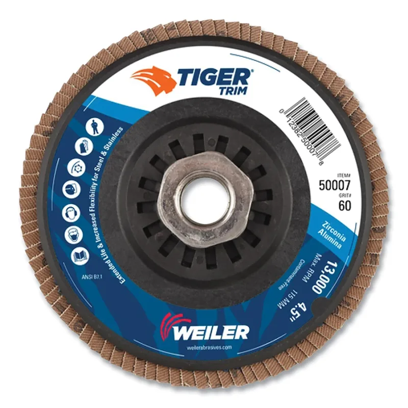 Trimmable Tiger® Flap Disc, 4-1/2 in dia, 60 Grit, 5/8 in-11, 13000 rpm, Type 29