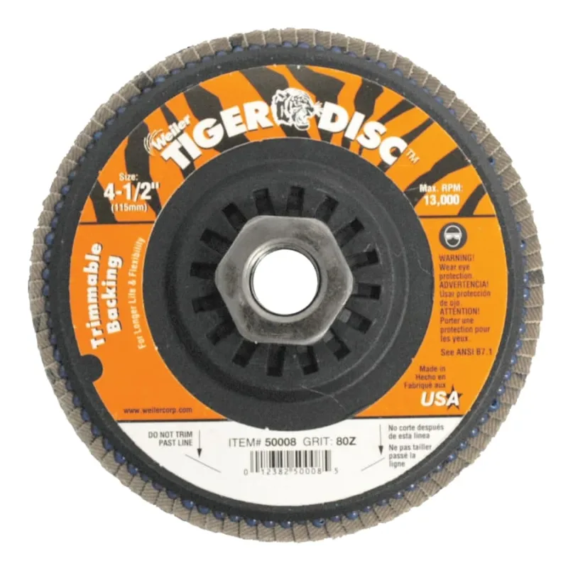 Trimmable Tiger Flap Discs, 4 1/2 in, 80 Grit, 5/8 Arbor, 13,000 rpm