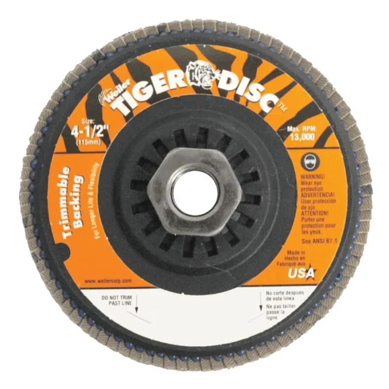 Trimmable Tiger® Flap Discs, 4 1/2 in, 120 Grit, 5/8 Arbor, 13,000 rpm