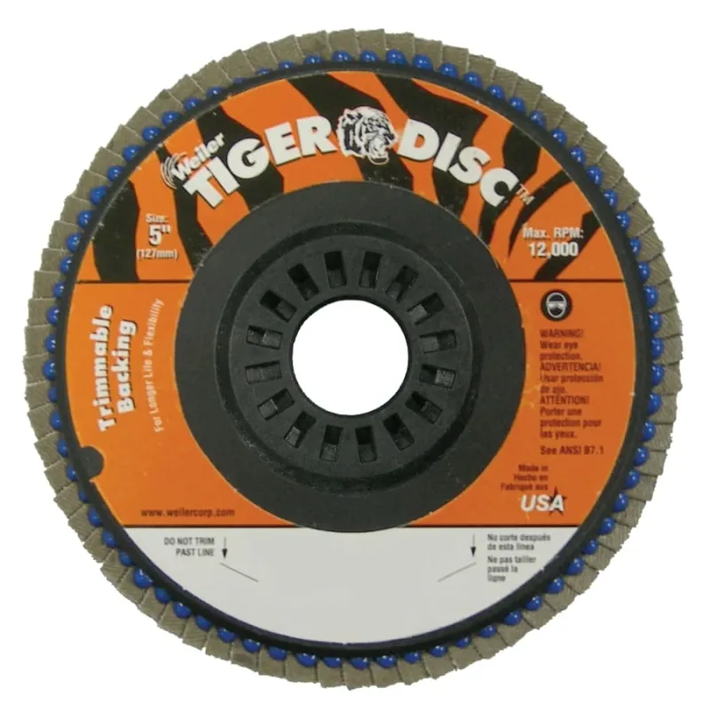 Trimmable Tiger® Flap Discs, 5 in, 40 Grit, 7/8 in Arbor, 12,000 rpm