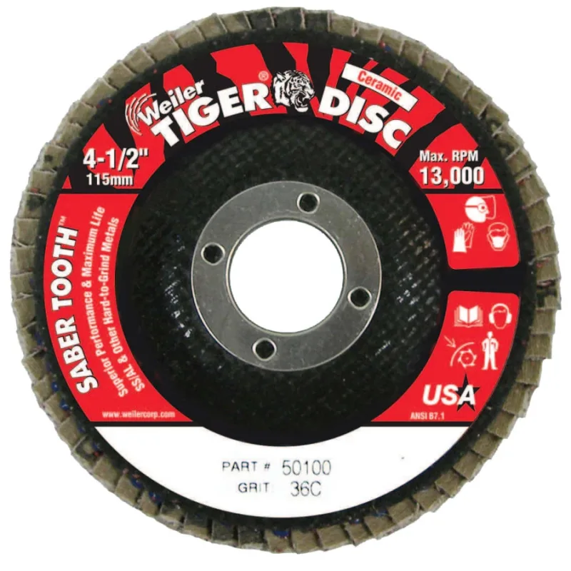 Saber Tooth Ceramic Flap Discs, 4 1/2 in, 36 Grit, 7/8 in Arbor, 13,000 rpm