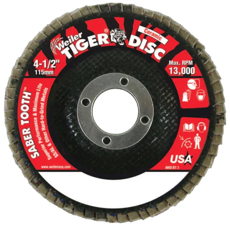 Saber Tooth Ceramic Flap Discs, 4 1/2 in, 40 Grit, 7/8 in Arbor, 13,000 rpm