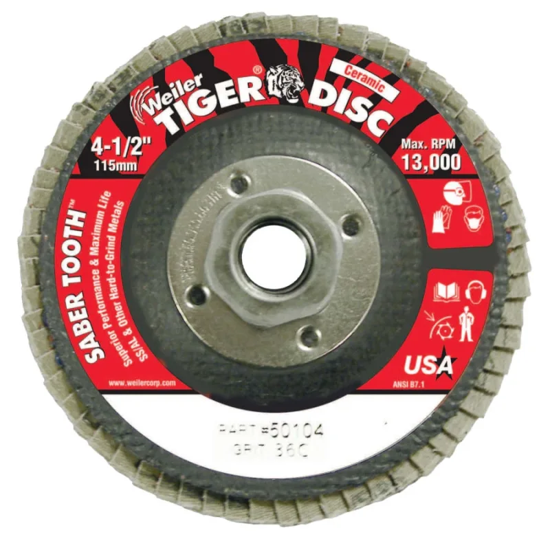 Saber Tooth Ceramic Flap Discs, 4 1/2 in, 36 Grit, 5/8 Arbor, 13,000 rpm