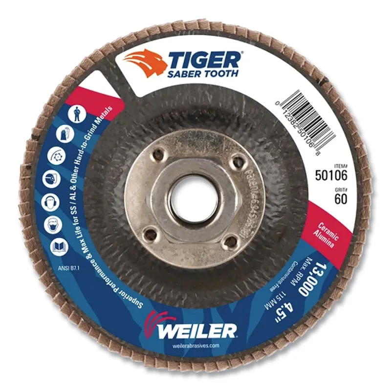 Saber Tooth Ceramic Flap Discs, 4 1/2 in, 60 Grit, 5/8 in Arbor, 13,000 rpm