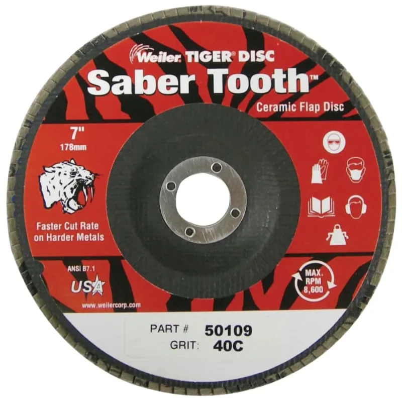 Saber Tooth™ Ceramic Flap Discs, 7 in, 40 Grit, 7/8 Arbor, 12,000 rpm