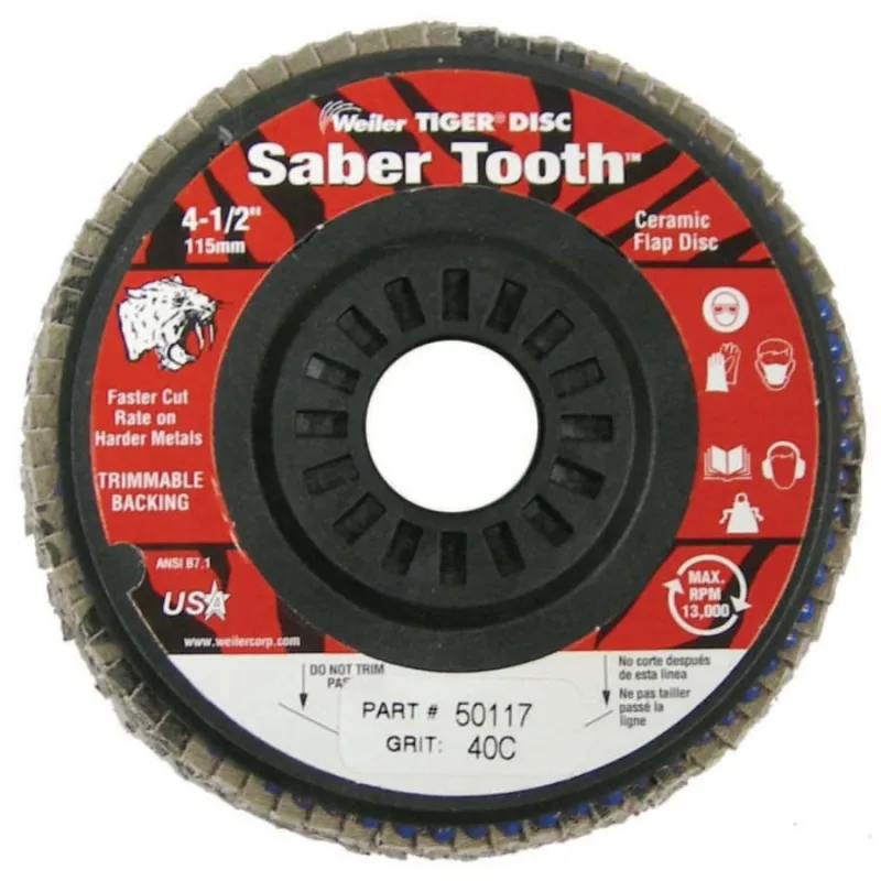 Saber Tooth Trimmable Ceramic Flap Discs, 4 1/2", 40 Grit, 7/8 Arbor, 13,000 rpm
