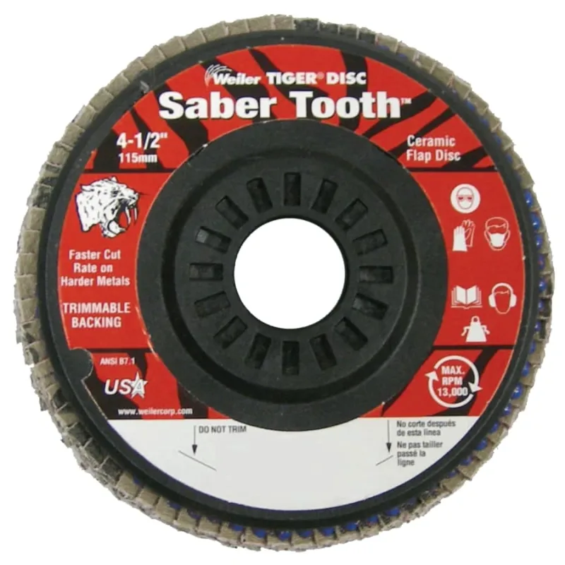 Saber Tooth™ Trimmable Ceramic Flap Discs, 4 1/2 in, 60 Grit, 7/8 Arbor, 13,000 rpm