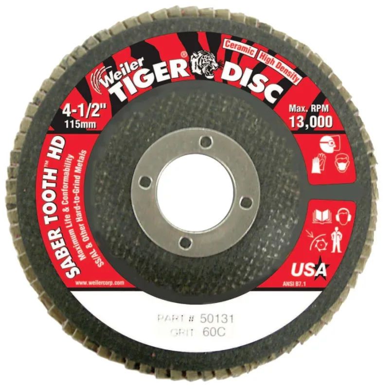 Tiger® Saber Tooth™ Ceramic High Density Flap Disc, 4-1/2 in dia, 60 Grit, 7/8 in Arbor, 13,000 RPM, Type 27