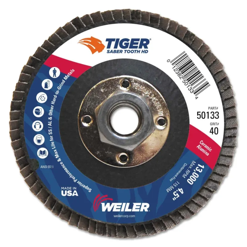 Tiger® Saber Tooth™ Ceramic High Density Flap Disc, 4-1/2 in dia, 40 Grit, 5/8 in-11, 13000 RPM, Type 27