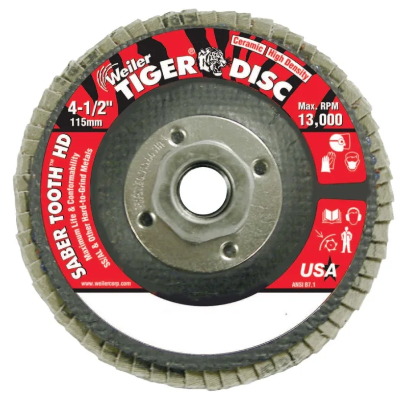 Tiger® Saber Tooth™ Ceramic High Density Abrasive, 4-1/2 in dia, 80 Grit, 5/8 in-11 UNC Nut, 13,000 RPM, Type 27