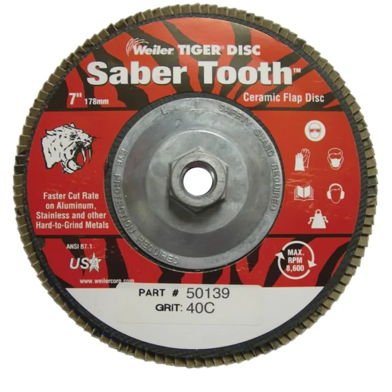 Tiger® Saber Tooth™ Ceramic High Density Abrasive, 7 in dia, 40 Grit, 5/8 in-11 UNC Nut, 8,600 RPM, Type 27
