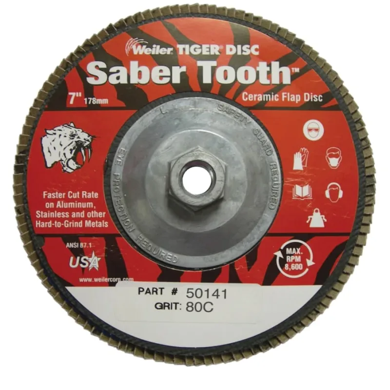 Tiger® Saber Tooth™ Ceramic High Density Abrasive, 7 in dia, 80 Grit, 5/8 in-11 UNC Nut, 8,600 RPM, Type 27