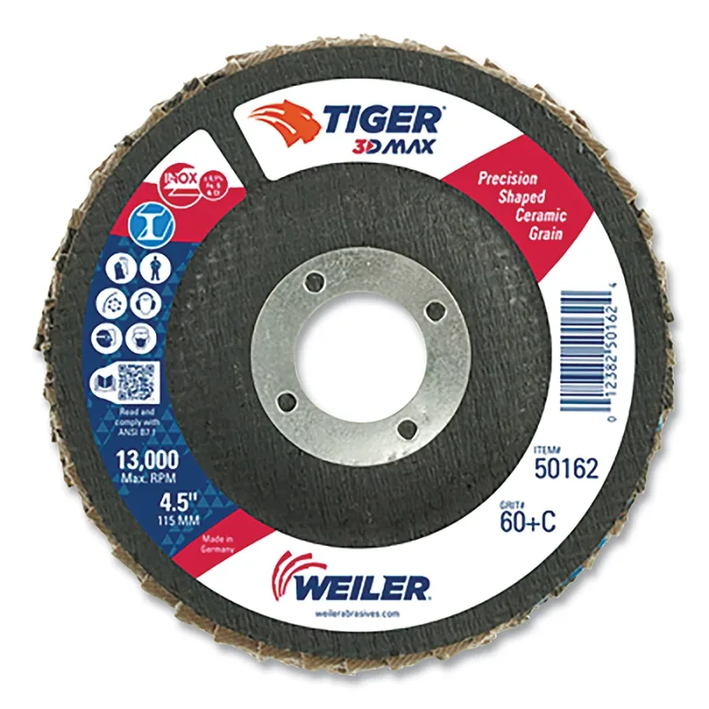 Tiger 3D MAX Ceramic Flap Disc, 4-1/2 in Dia, 60+ Grit, 7/8 in Arbor Hole, 13000 RPM