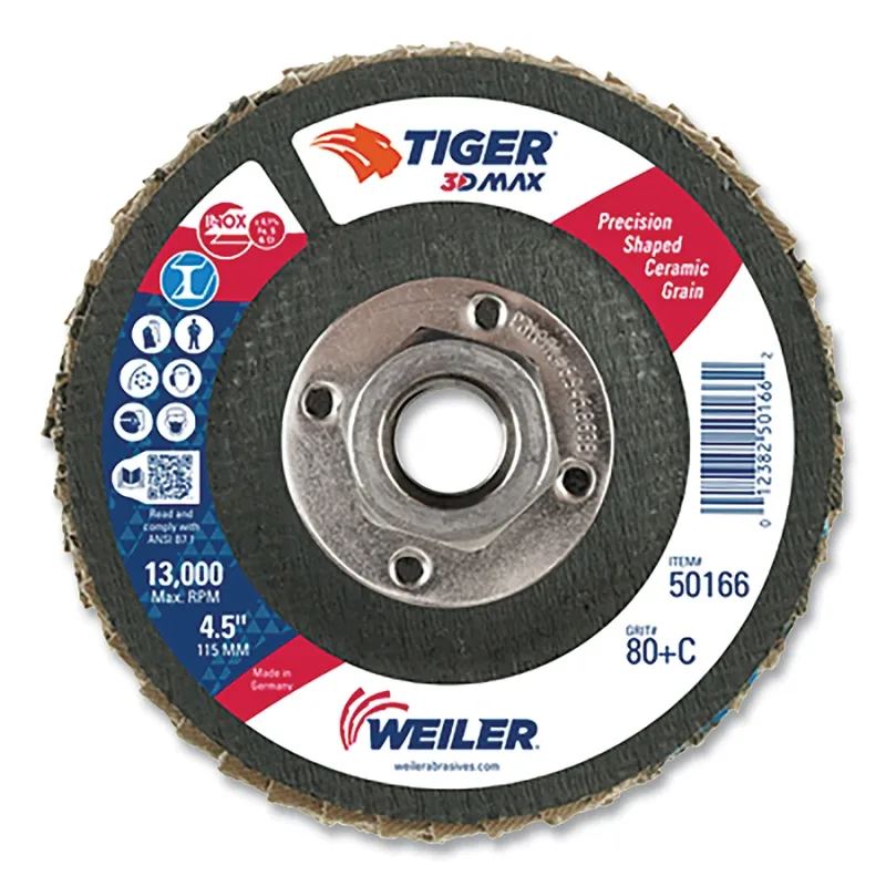 Tiger 3D MAX Ceramic Flap Disc, 4-1/2 in Dia, 80+ Grit, 5/8 in-11 Nut, 13000 RPM