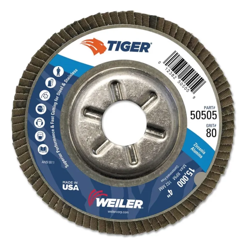 Tiger Disc Angled Style Flap Discs, 4", 80 Grit, 5/8 Arbor, Aluminum Back