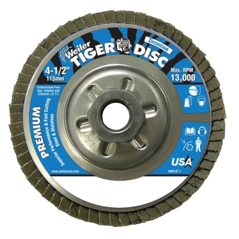Tiger® Disc Angled Style Flap Disc, 4-1/2 in dia, 120 Grit, 5/8 in-11, 13000 rpm, Type 29